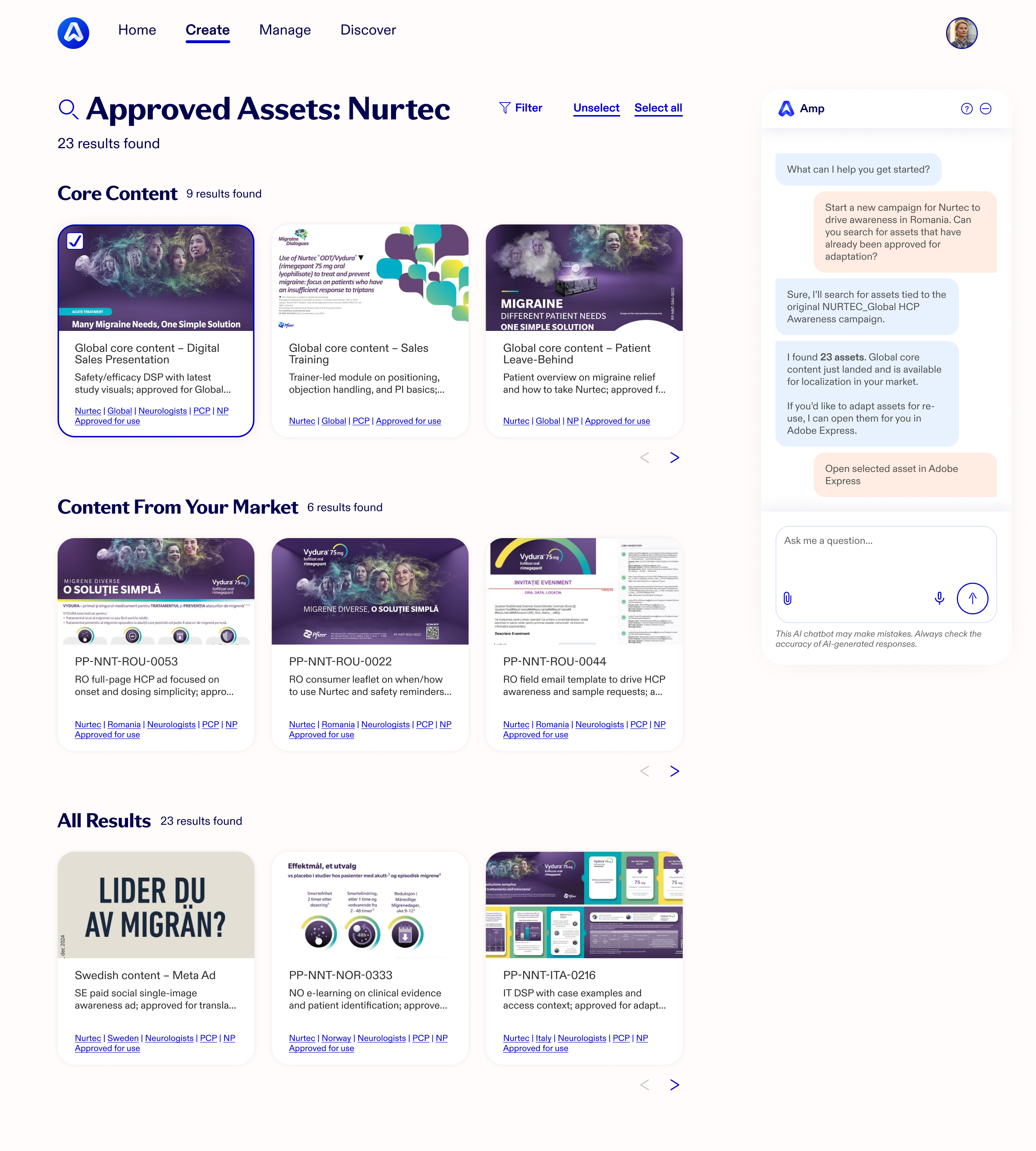 Approved Assets: Nurtec, 23 results grouped into Core Content, Content From Your Market, and All Results. Each asset card carries a thumbnail, description, and a row of market, audience, and “Approved for use” tags. The Amp chat explains it found 23 assets approved for localization and offers to open a selected asset in Adobe Express.